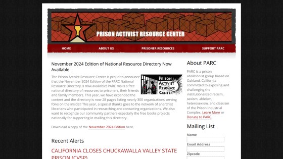 Prison Activist Resource Center homepage with November 2024 resource directory announcement, recent alerts, and about section