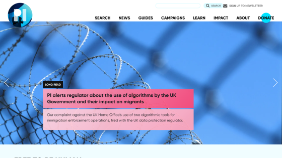Homepage featuring a message about the use of algorithms by the UK Government on migrants.