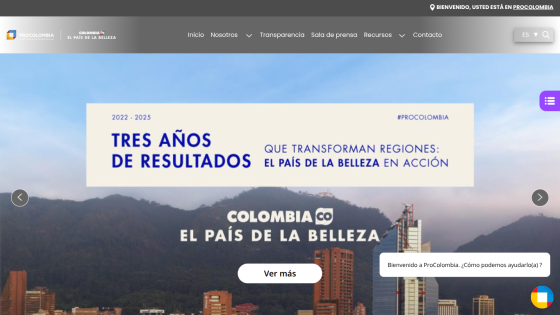 Website header with navigation and hero section showing Colombia's beauty and regional transformation results