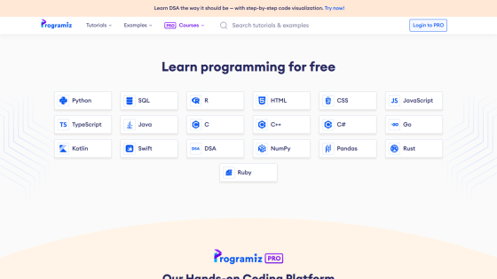Homepage offering free programming courses with various languages listed.