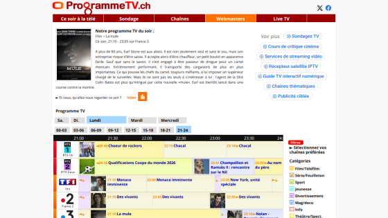 TV program page showing evening schedule with movie 'La mule' description and channel listings for Monday 21-24 hours