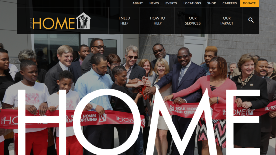 Project HOME website with navigation links and a group of people cutting a red ribbon at a grand opening event