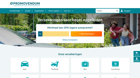 Insurance website for highly educated with navigation, search, login, and insurance options including auto and travel