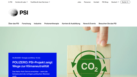 PSI website showcasing a project on climate neutrality with a CO2 block image.