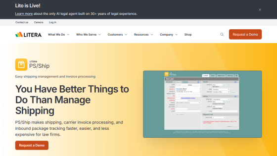 Litera PS/Ship shipping management software for law firms with demo request button and product screenshot