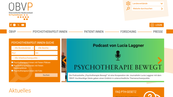 A psychotherapy association website with navigation, therapist search form, and podcast promotion by Lucia Laggner.
