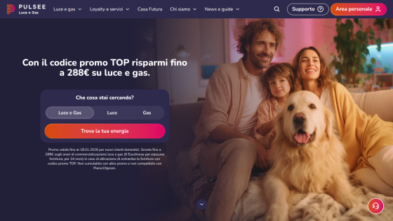 Energy service homepage offering promo code TOP for savings on electricity and gas with a family and dog image