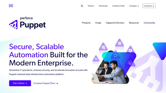 Homepage of Puppet featuring automation solutions for enterprises with a call to action.
