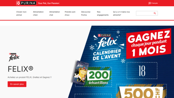 Purina Felix promotional page featuring an advent calendar contest with prizes and a call to action button