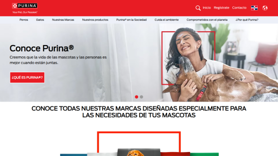Purina website top section showing navigation, a girl with a cat, and text about Purina's actions to improve pet quality of life