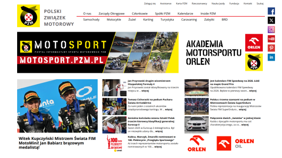 Polski Związek Motorowy homepage with motorsport news, navigation menu, and motorsport academy promotion