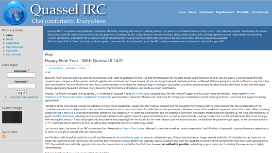 Quassel IRC homepage with navigation links, login form, and blog post about Quassel 0.14.0 release