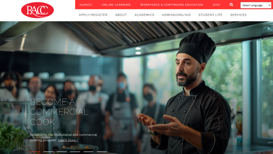 RACC website promoting commercial cooking program with chef instructing a group in a kitchen