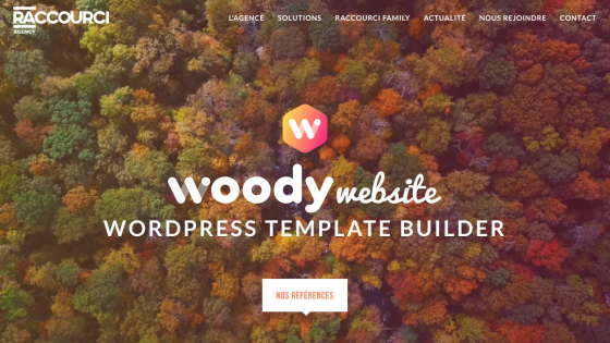 Woody website WordPress template builder with a colorful forest background.