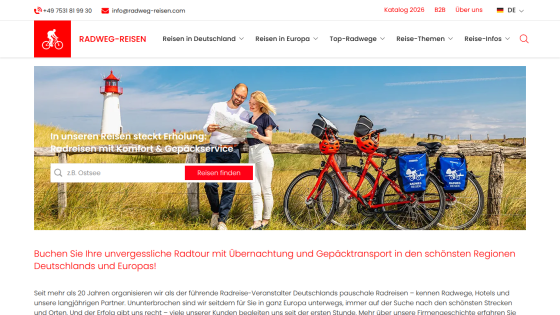 Website for Radweg-Reisen offering comfortable bike tours with luggage service in Germany and Europe, featuring a couple with map and bikes