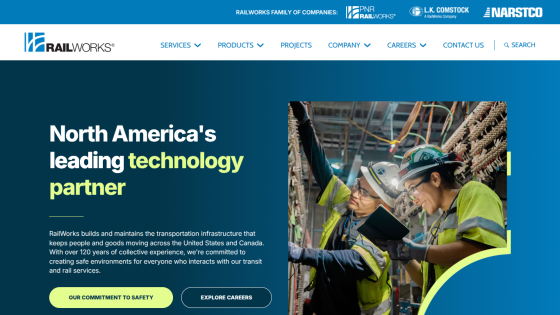 RailWorks homepage highlighting North America's leading technology partner with safety commitment and career exploration options