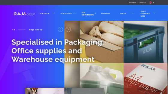 Raja Group website specializing in packaging, office supplies, and warehouse equipment with navigation menu and product images
