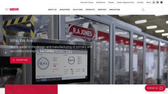 Homepage of R.A Jones, a leader in packaging machinery, with navigation and a hero image showing machinery and performance stats