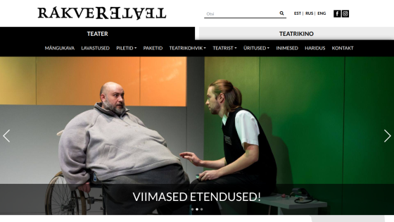 Rakvere Teater website with navigation menu and hero image showing two men in a theatrical scene with text 'VIIMASED ETENDUSED!'