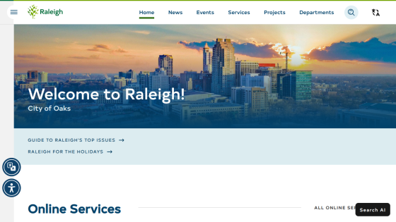 City of Raleigh homepage featuring a welcome message and skyline image.