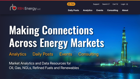 RBN Energy homepage with navigation and headline about market analytics for oil, gas, and renewables.