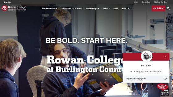 Rowan College at Burlington County homepage with navigation menu and slogan 'Be Bold. Start Here.'