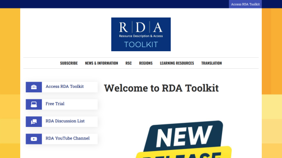 RDA Toolkit homepage with navigation links and welcome message featuring new release announcement