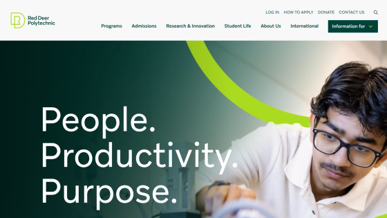 Red Deer Polytechnic website with navigation menu and hero text 'People. Productivity. Purpose.' alongside a student working.