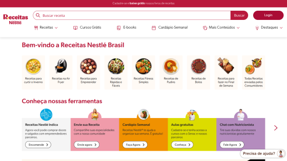 Homepage of Receitas Nestlé Brasil featuring various recipe categories and tools.