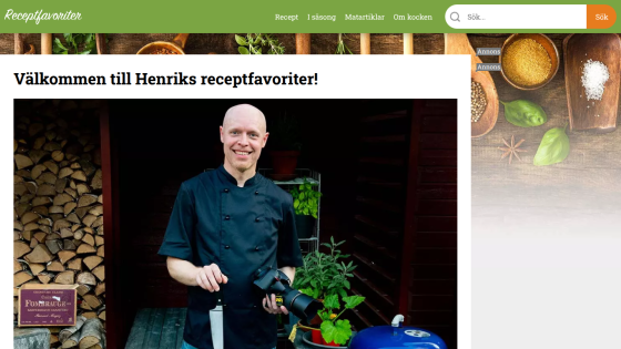 Henrik's recipe favorites homepage with navigation and a smiling chef holding a camera and knife in a rustic setting