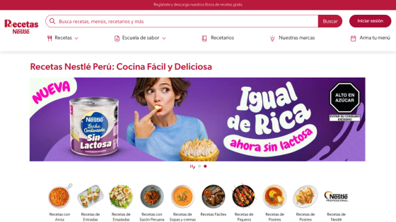 Recetas Nestlé Perú homepage with search bar, navigation menu, and banner for lactose-free condensed milk