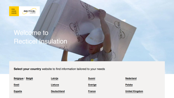 Recticel Insulation welcome page with a worker holding insulation material and country selection links.