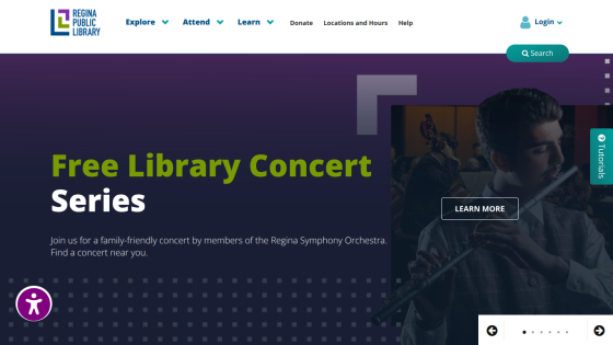 Regina Public Library homepage promoting free family-friendly library concert series by Regina Symphony Orchestra with learn more button