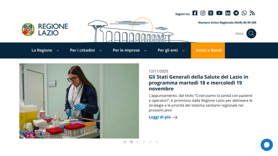 Regione Lazio website with navigation menu and news about health general meetings scheduled for Tuesday and Wednesday