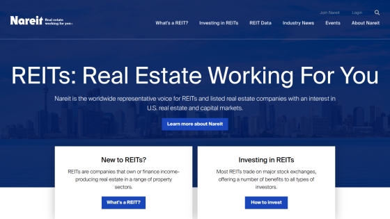 Nareit's homepage featuring REITs information and links to learn more.