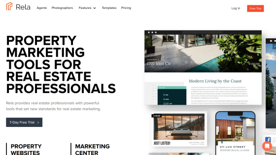 Real estate marketing tools homepage showing property marketing features and images of homes