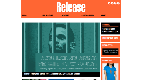 Release website with navigation on drugs, law, services, policy, about, and a hero section on UK cannabis reform equity and social justice