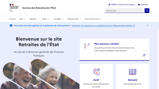 Welcome page of the French State Retirement Service with navigation and retirement guidance options