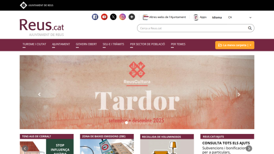 Reus.cat city website with navigation, search bar, social icons, and autumn cultural event banner