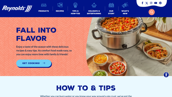 Reynolds website with fall recipes and cooking tips, featuring a slow cooker meal and call to action button