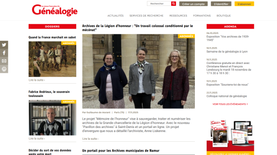 French genealogy magazine homepage with articles on Legion d'honneur archives and genealogy events calendar