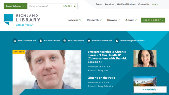 Richland Library homepage with navigation, search, featured events on entrepreneurship and Qigong, and service icons.
