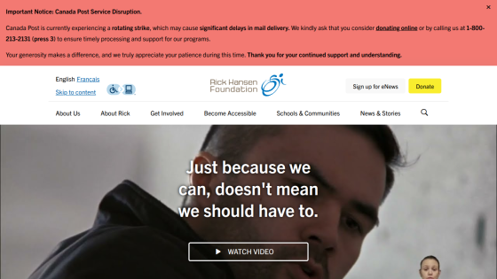 Rick Hansen Foundation homepage with navigation, donation and newsletter buttons, and hero message about accessibility