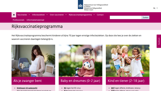 Dutch government vaccination program page with sections for pregnant women, babies, and children with related images