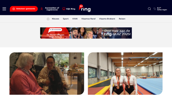 News website header with navigation and two featured images showing people indoors and gymnasts with medals