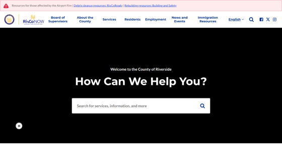 County of Riverside website homepage with navigation menu and search bar under 'How Can We Help You?' heading