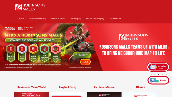 Robinsons Malls homepage with navigation and MLBB collaboration promo offering rewards and neighborhood map event