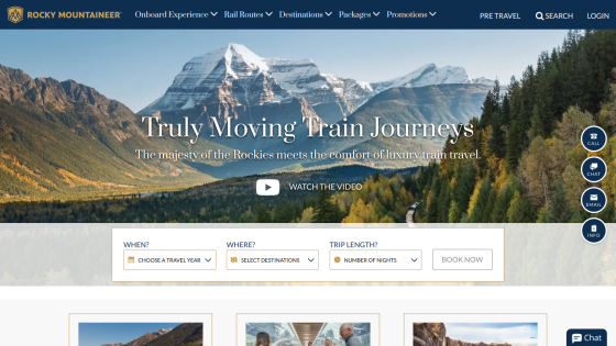 Homepage featuring stunning mountain scenery and a call to action for train journeys.
