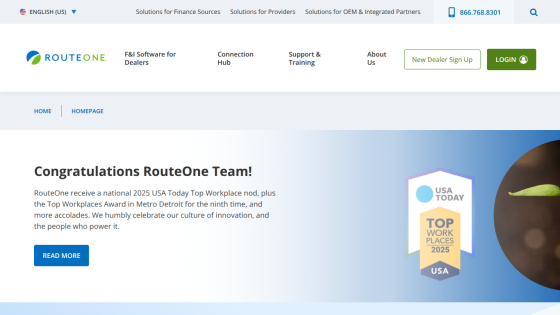 RouteOne homepage congratulating team on 2025 USA Today Top Workplace award with navigation and contact info