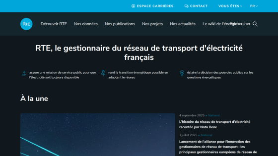 RTE website showcasing French electricity transport management with key news highlights.